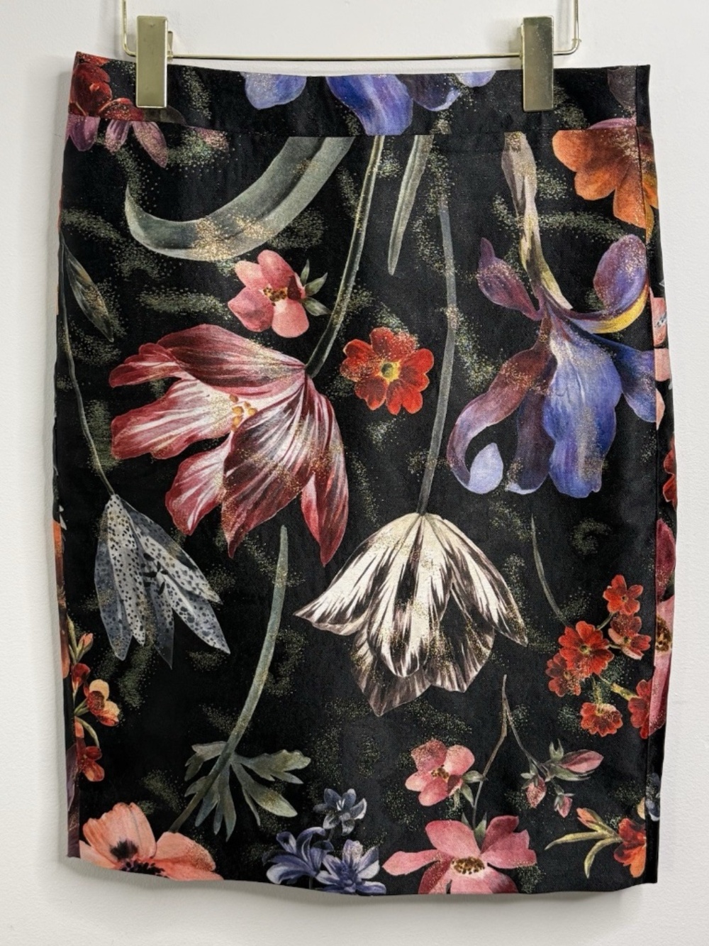 J.Crew Collection Pencil Skirt No. 2 Midnight Dutch Floral size 4 Metallic EUC